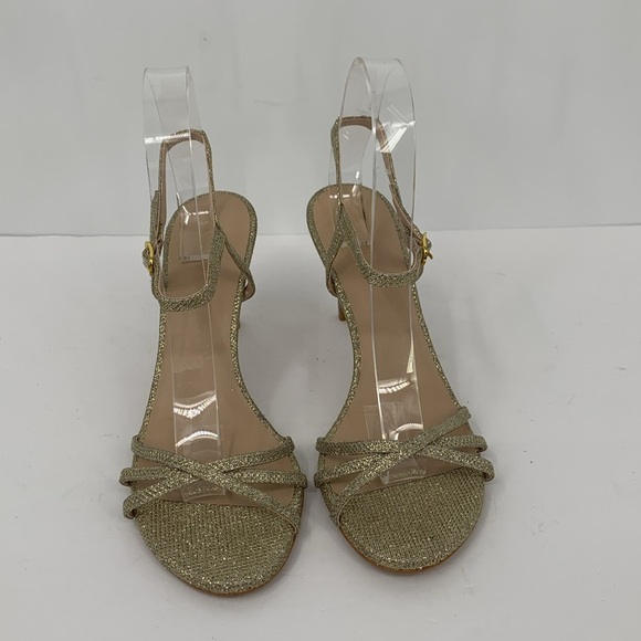 Stuart Weitzman Starla metallic sandal shoe heel gold glitter delicate strap 8.5 - Picture 3 of 6